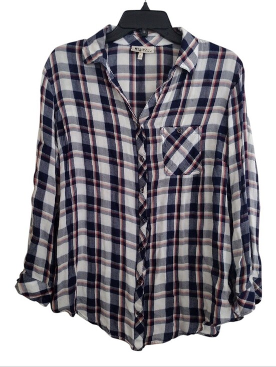 Hester & Orchard Tops - Hester & Orchard Anthropologie Plaid Rayon Button-Up Shirt Navy White Red Medium